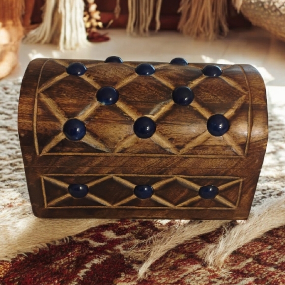 Wooden Jewelry Box with Blue Accents